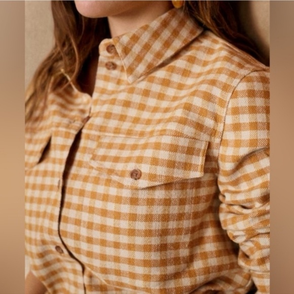 SEZANE EURIELLE Shirt Ochre Ecru Gingham Checks Organic cotton + linen | Size 6 - Picture 2 of 9